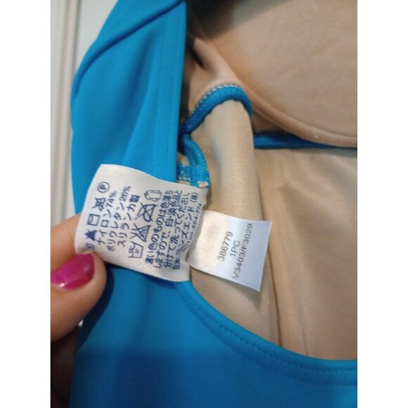 Lands End Blue One-Piece Swim Gold Accents & Ruched Front Womens Size 16 - Picture 6 of 11